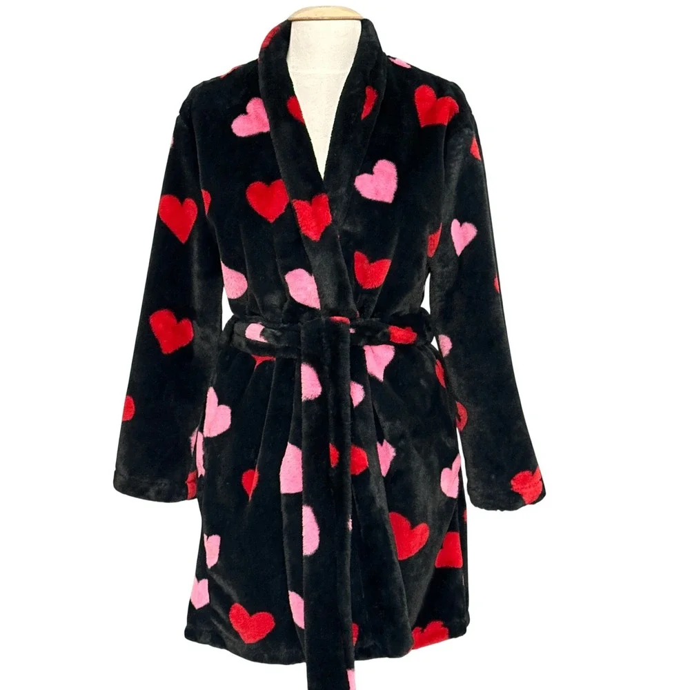 Kate Spade Womens Bathrobe M Black Plush Wrap Tie Red Pink Hearts Loungewear